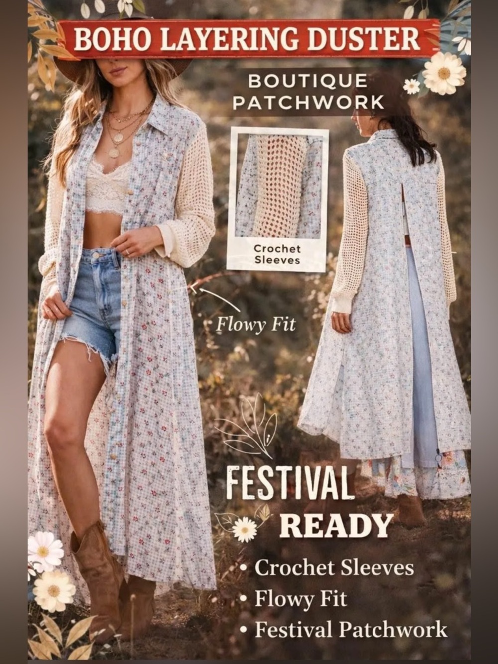 POL Boho Patchwork Duster Dress Crochet Sleeve Longline‎ Shacket Boutique NWOT